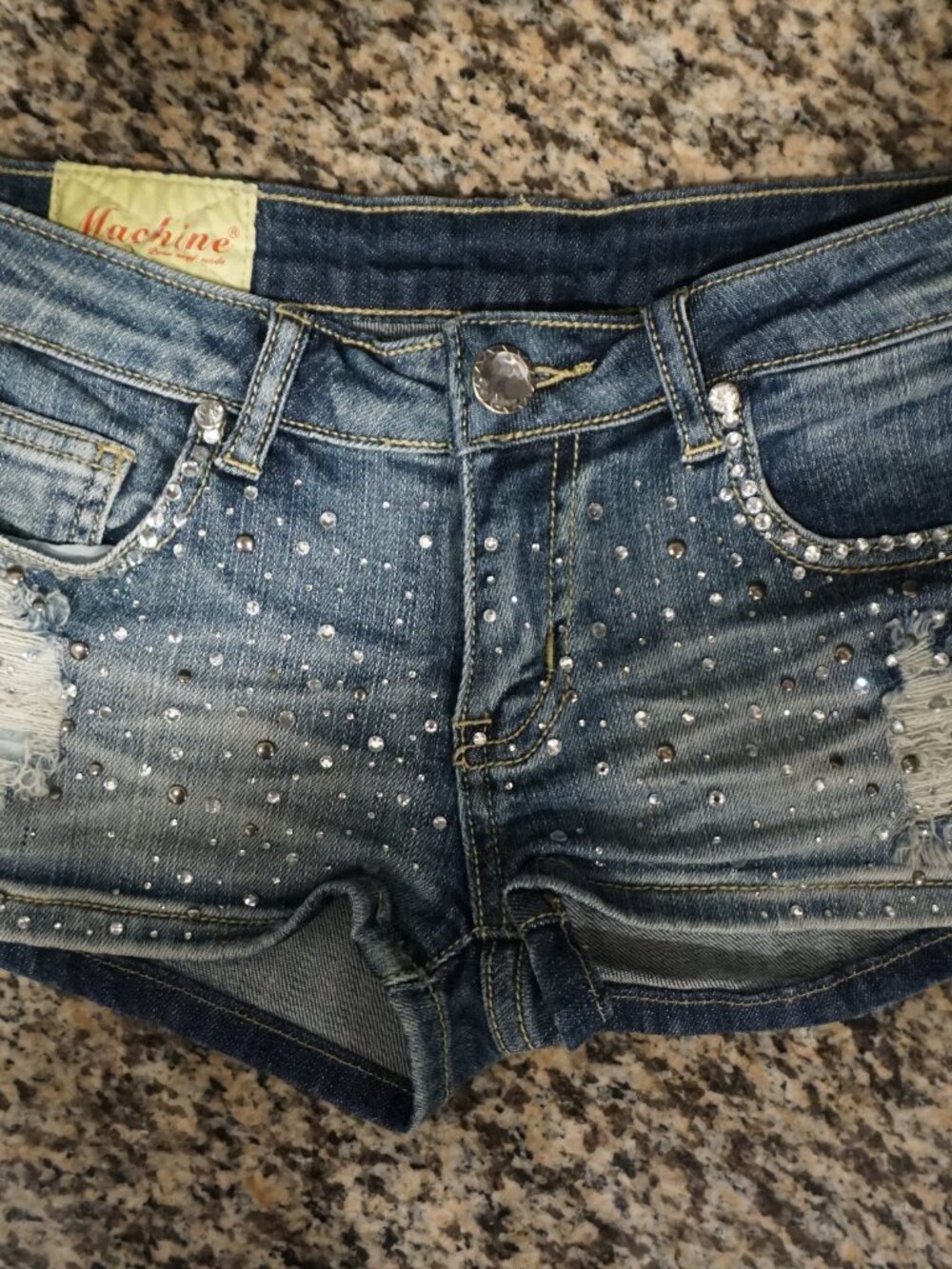 Machine Y2K jewel button denim jean shorts with rhinestones - Picture 13 of 16